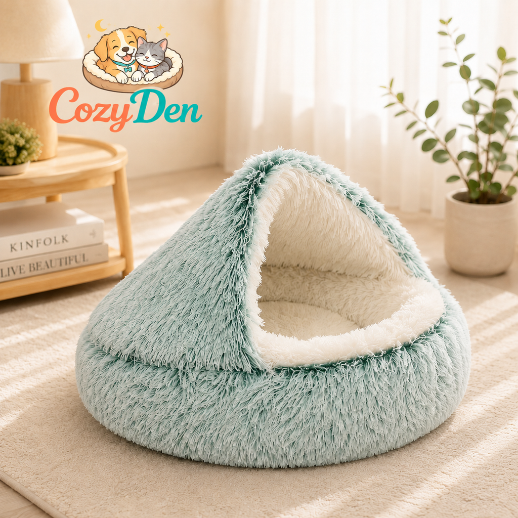 A plush, dome-shaped pet bed in a light mint green color with a cream sherpa lining, shown in a cozy, sunlit room setting. The CozyDen brand logo is visible in the upper left corner.