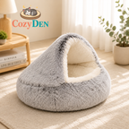 Fluffy pet bed with Cozy Den logo in a cozy room setting