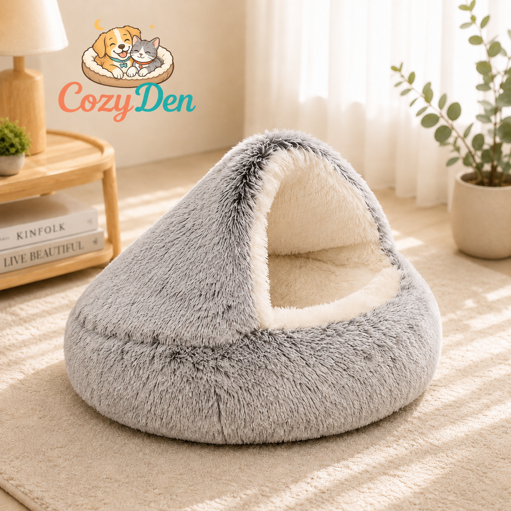 A plush gray and white dome-shaped pet bed on a beige rug in a bright, sunlit room. The CozyDen brand logo is visible in the upper left corner.