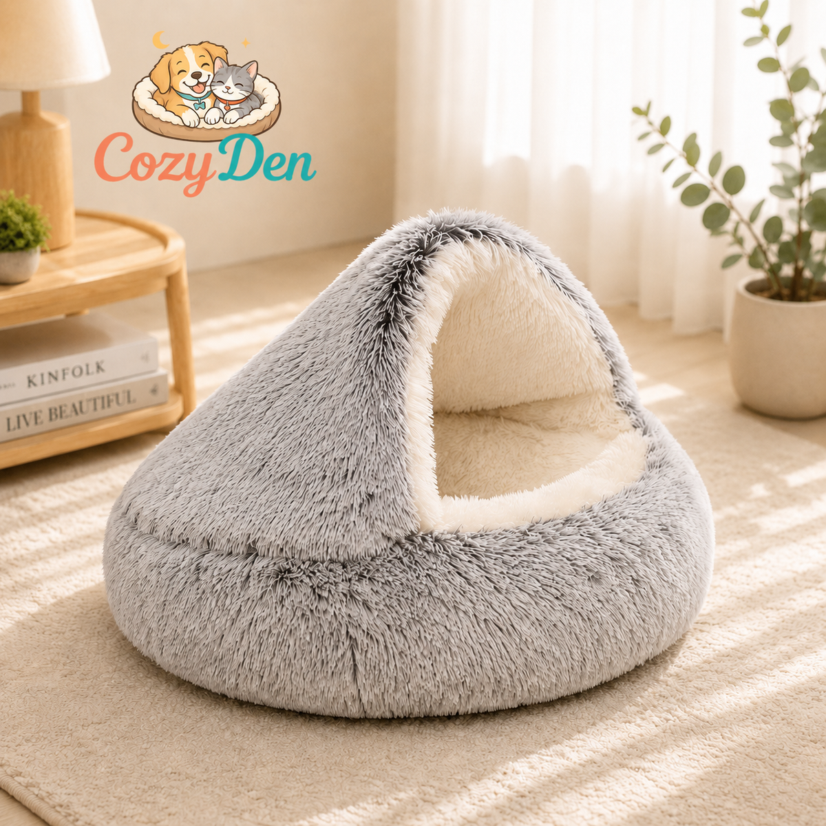 A plush gray and white dome-shaped pet bed on a beige rug in a bright, sunlit room. The CozyDen brand logo is visible in the upper left corner.