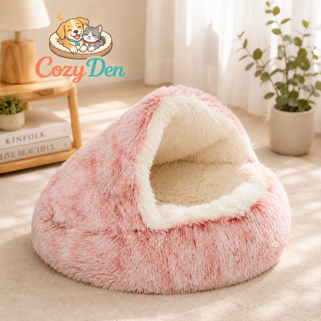 A pink plush pet bed with a cream-colored interior, styled in a warm, sunlit room with a wooden side table, lamp, and potted plant. The CozyDen brand logo is visible in the upper left corner.