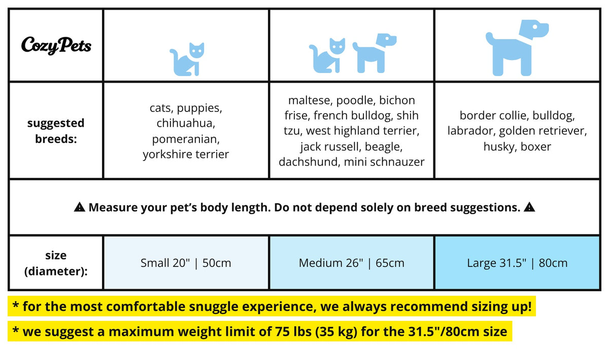 Sizes of the CozyDen Small 50cm, Medium 65cm, Large 80cm